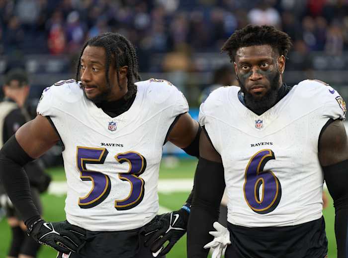 Baltimore Ravens linebacker Del'Shawn Phillips (53) and Baltimore Ravens linebacker Patrick Queen (6) seen after an NFL International Series game at Tottenham Hotspur Stadium.